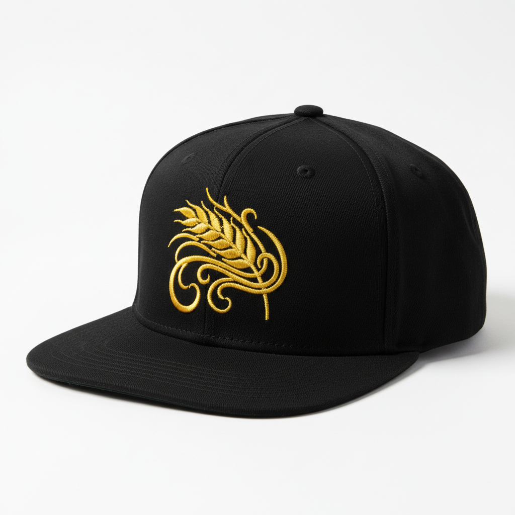 Black snapback cap with yellow embroidered wheat stalk on front panel