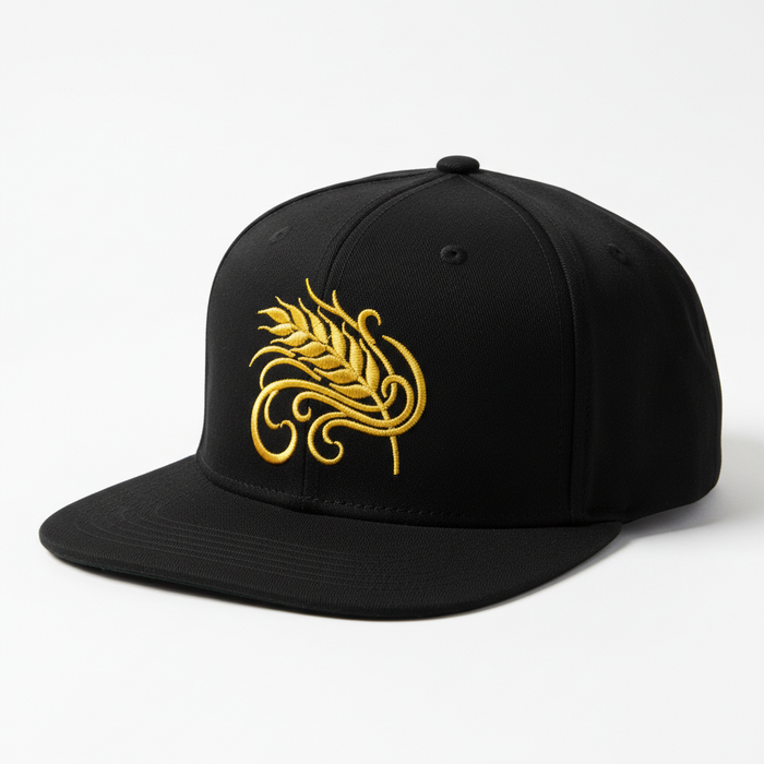 Black snapback cap with yellow embroidered wheat stalk on front panel