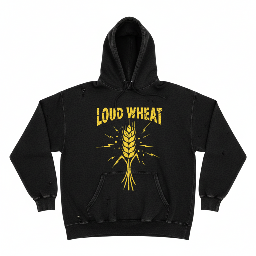 Loud Wheat distressed black hoodie with yellow cracked wheat graphic