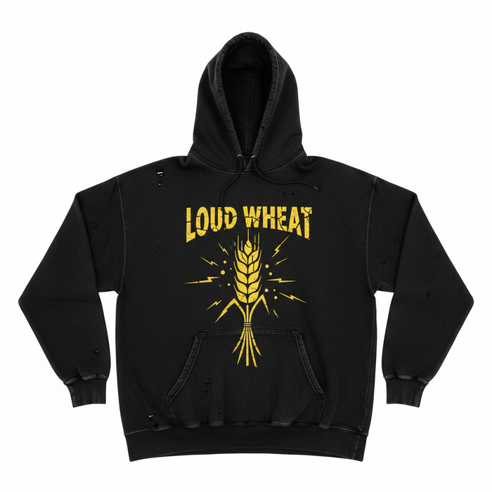 Loud Wheat distressed black hoodie with yellow cracked wheat graphic