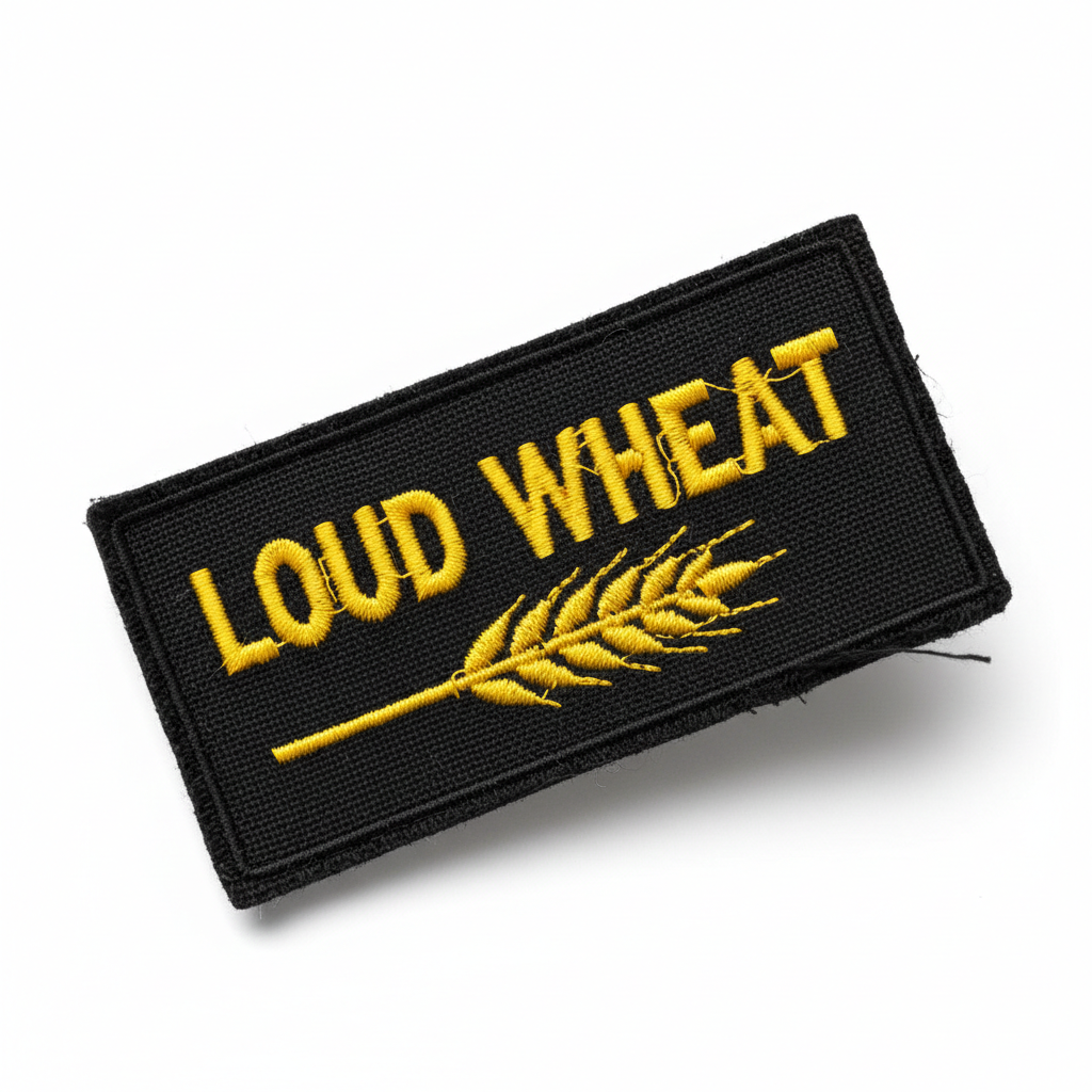 Loud Wheat embroidered iron-on patch, yellow on black with distressed border