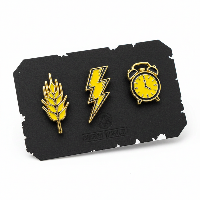 Set of 3 Loud Wheat enamel pins on black backing card