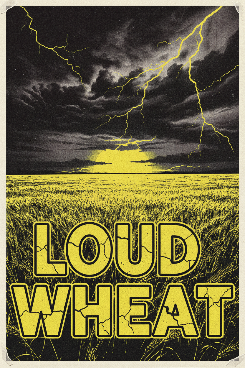 Loud Wheat limited edition art poster, wheat field with stormy sky and bold yellow text