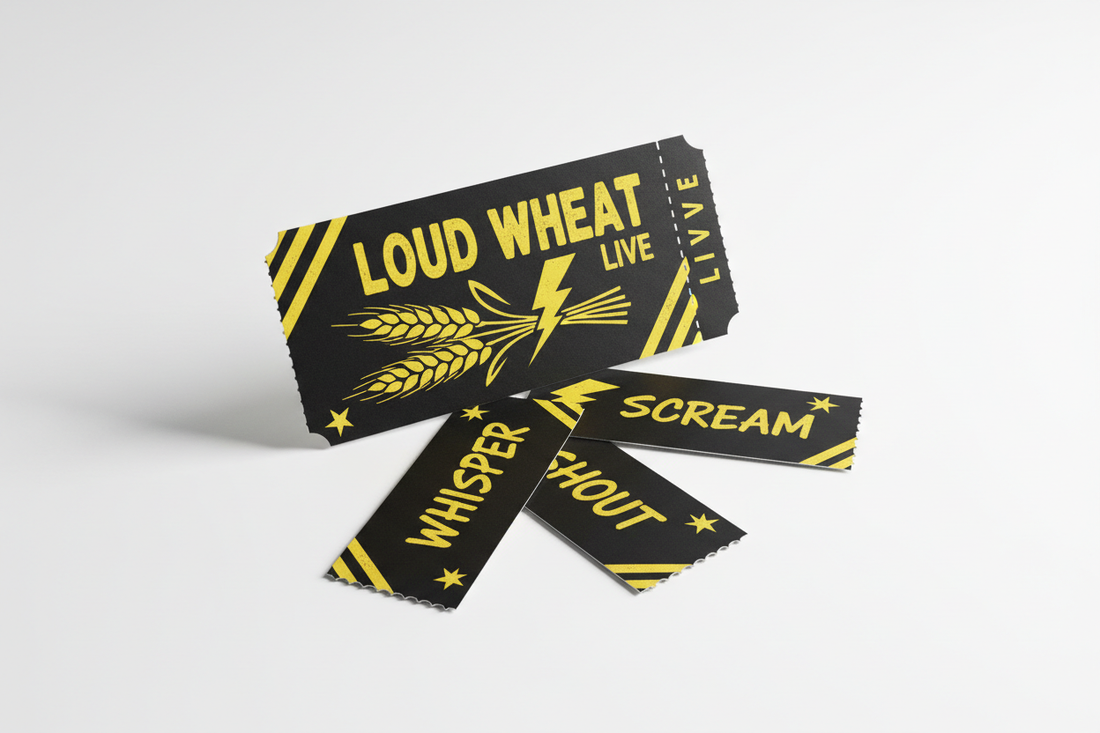 Three Loud Wheat Live concert ticket stubs showing Whisper, Shout, and Scream tiers
